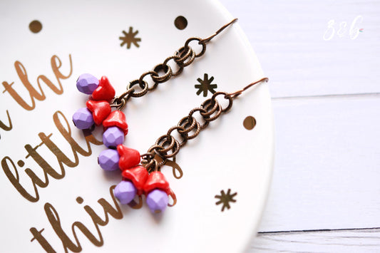 Handmade, Nickel + Lead Free Vintaj Brass, Czech Glass, Vintage Red Flowers, Purple Rounds, Chainmail Cluster Earrings
