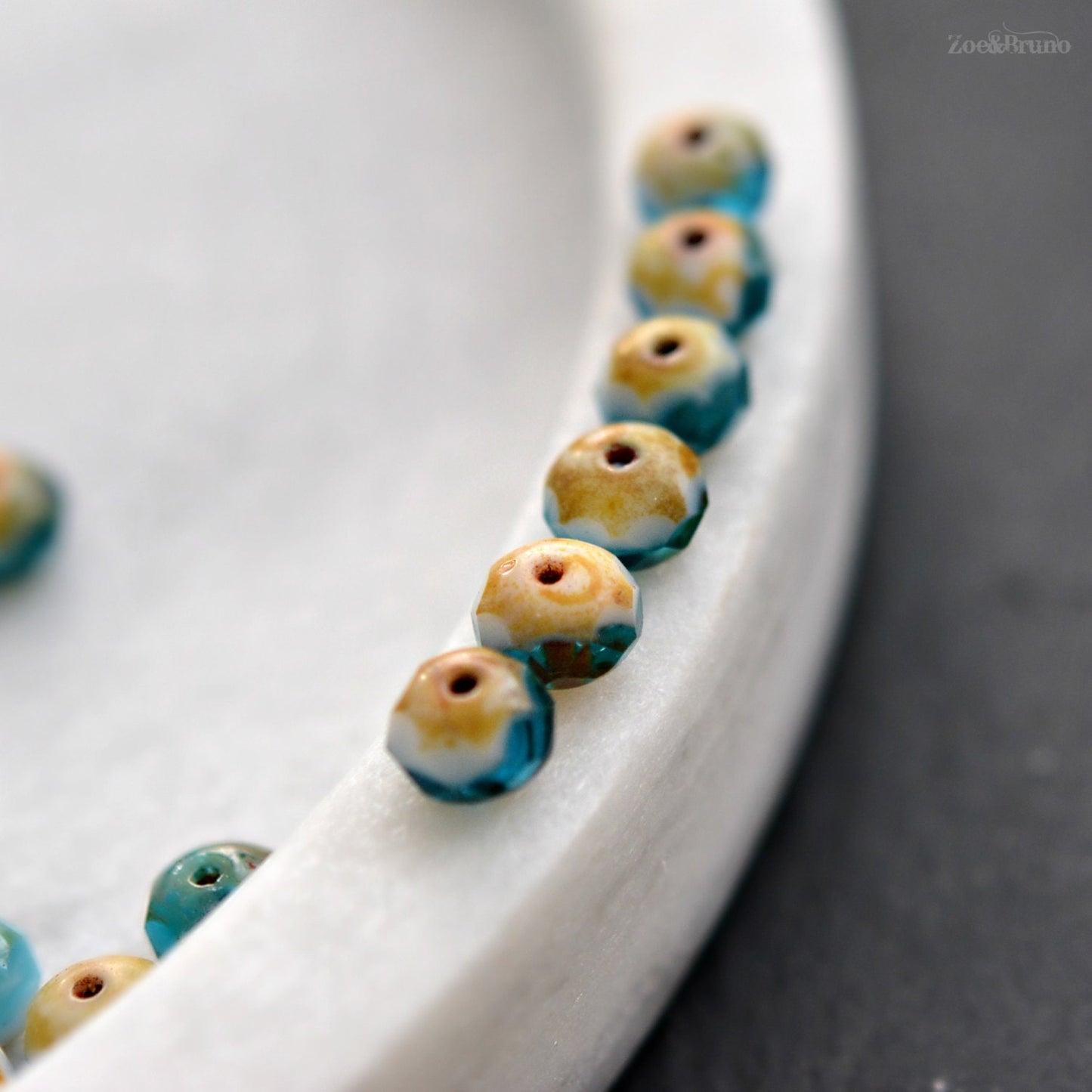 10 Translucent Capri Blue, Opaque White, Picasso Finish, Premium Czech Glass, Facet Rondelle Beads 6x8mm