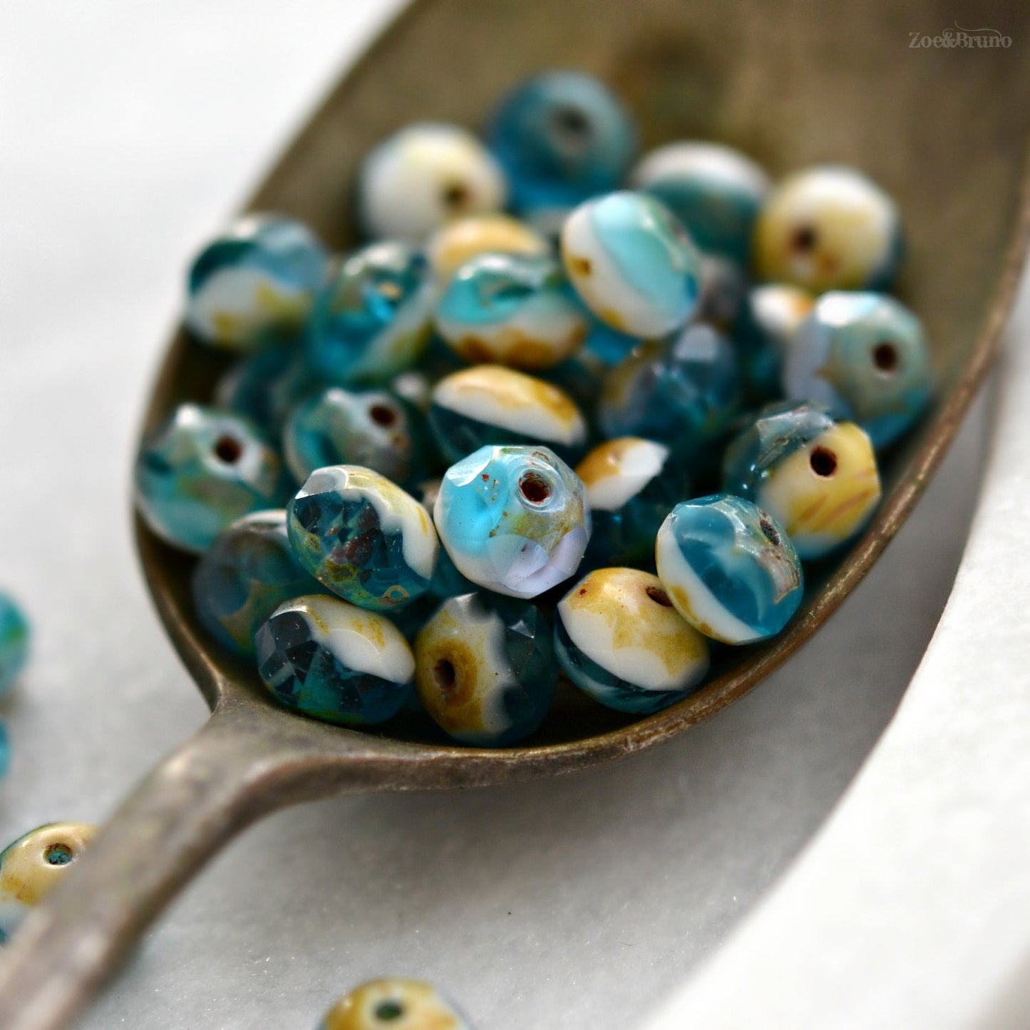 10 Translucent Capri Blue, Opaque White, Picasso Finish, Premium Czech Glass, Facet Rondelle Beads 6x8mm