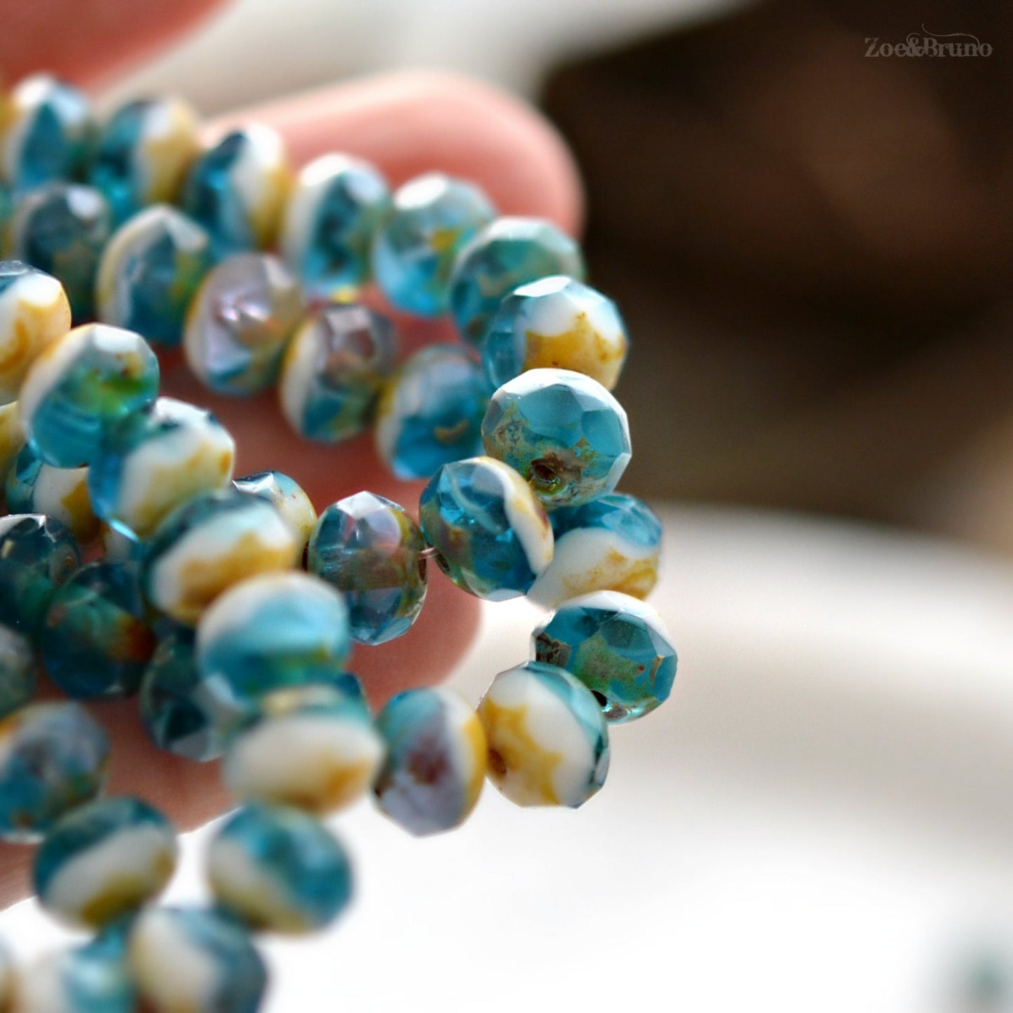 10 Translucent Capri Blue, Opaque White, Picasso Finish, Premium Czech Glass, Facet Rondelle Beads 6x8mm