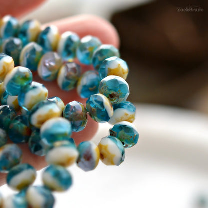 10 Translucent Capri Blue, Opaque White, Picasso Finish, Premium Czech Glass, Facet Rondelle Beads 6x8mm